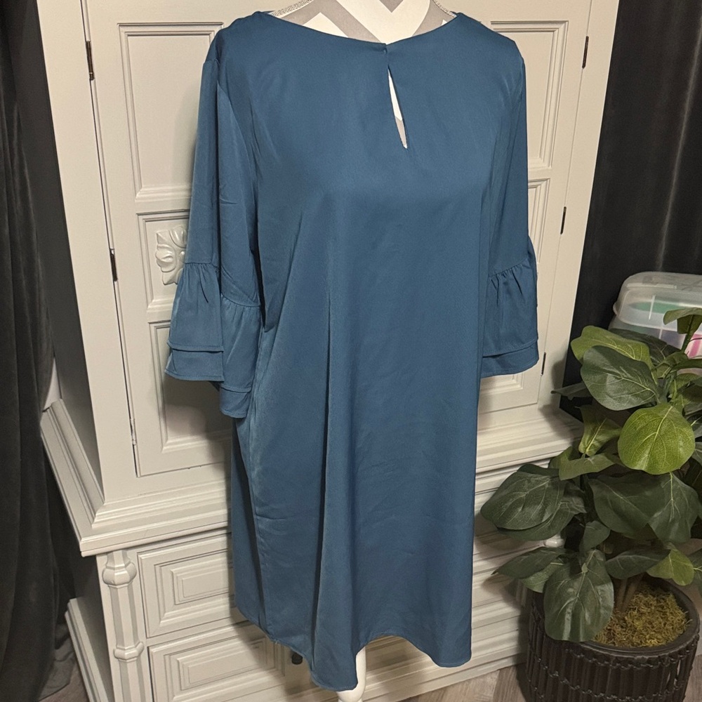 Tickled Teal Teal Blue Dress with Ruffle Sleeves Size XL